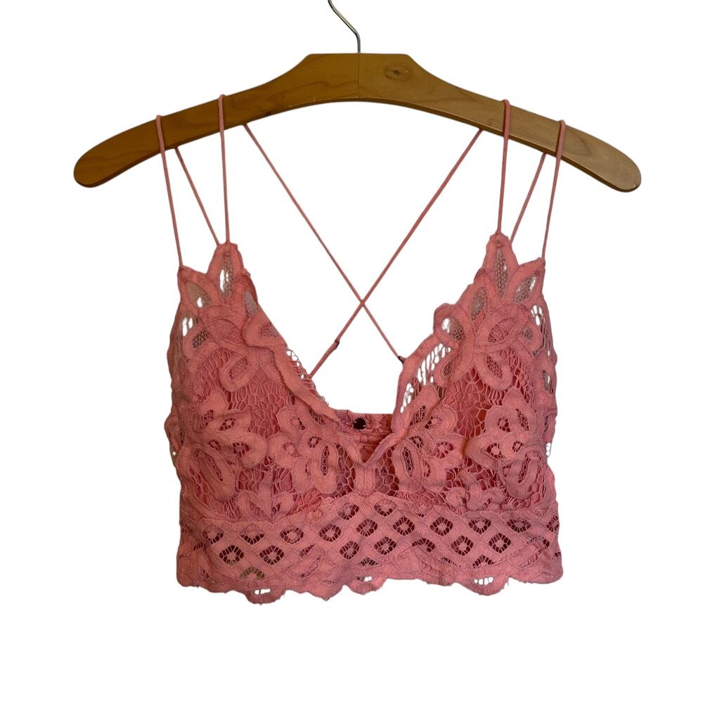 Free People One Adella Bralette Pink Lace Smocked Cami Bra Tank Top Strappy S